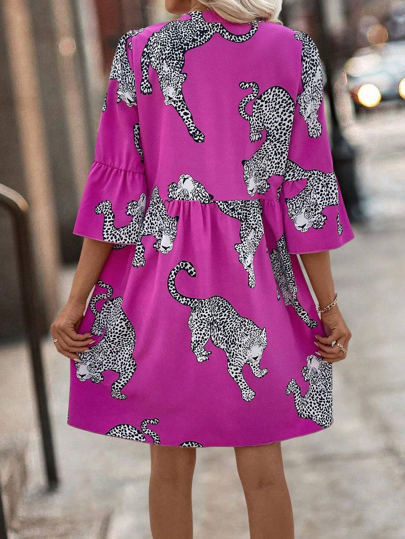 Leopard print button flared sleeve dress