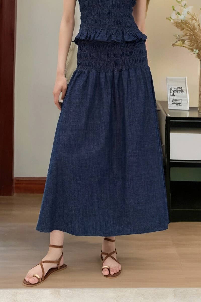 CWBLS0664_DARK BLUE HIGH WAIST RUFFLED DENIM SKIRT