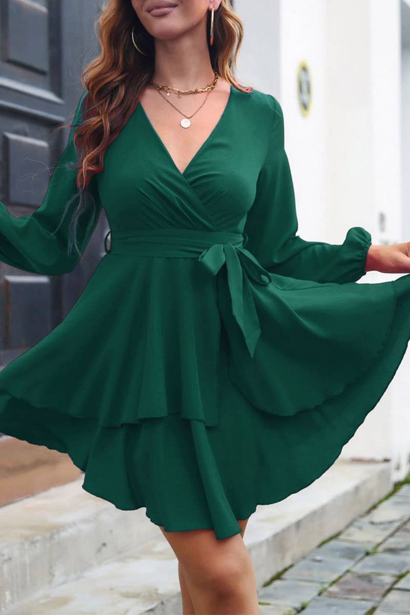 CWDSD7389_V-NECK MULTI-LAYERED HEM FASHIONABLE DRESS