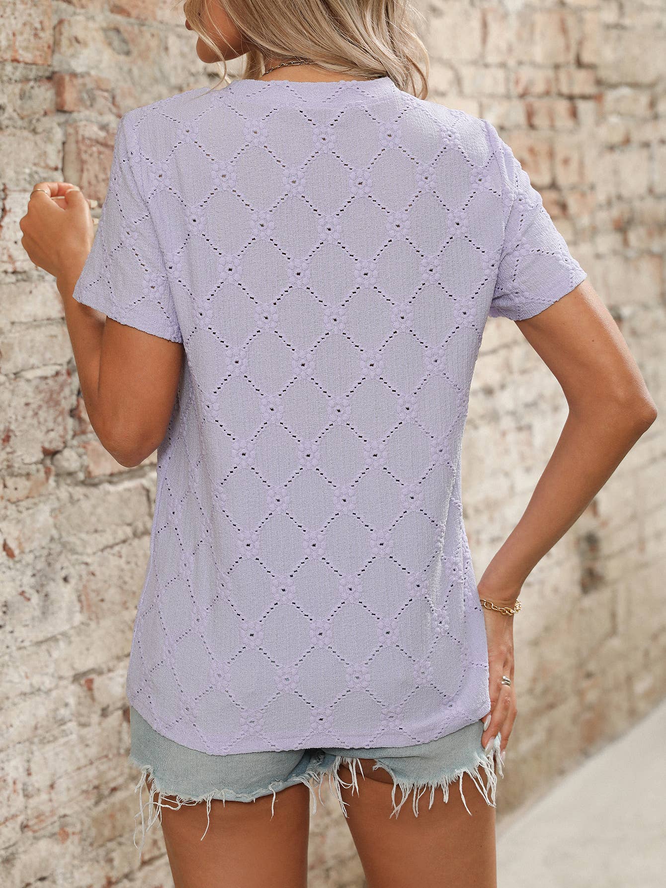 Round-neck short-sleeved jacquard floral top