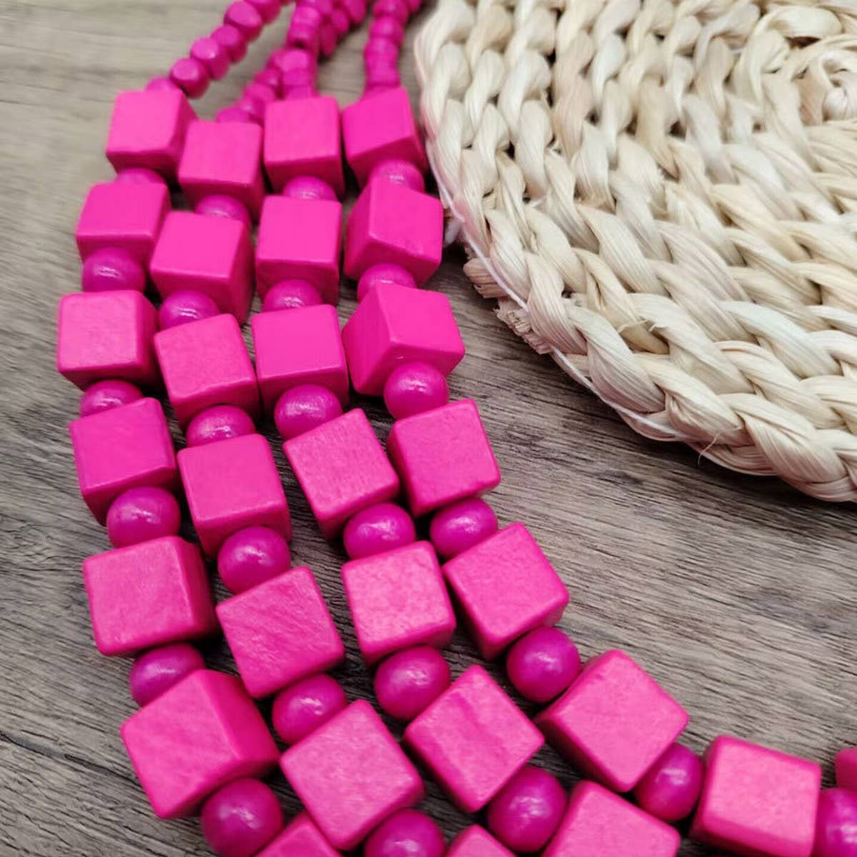 HANDMADE WOODEN SQUARE BEADS MULTI-LAYER NECKLACE