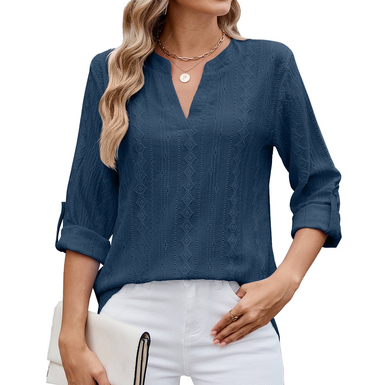 V-neck mid-sleeve button-up jacquard T-shirt