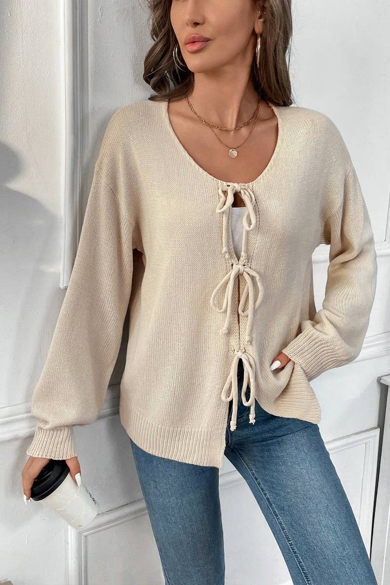 CWOCAL1831_TIE-DRAWSTRING SOLID COLOR CARDIGAN SWEATER COATS