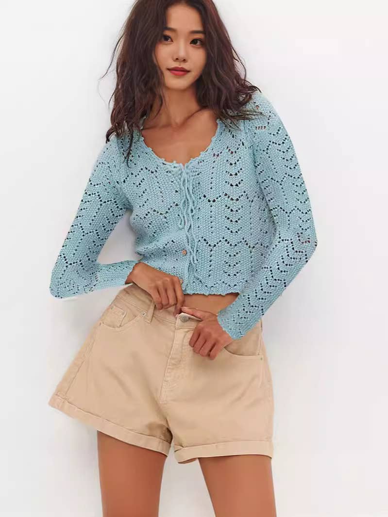 SEXY V-NECK HOLLOWED OUT SOLID COLOR CARDIGAN