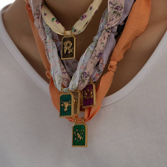 Handmade Zodiac Silk Scarf Necklace with Enamel