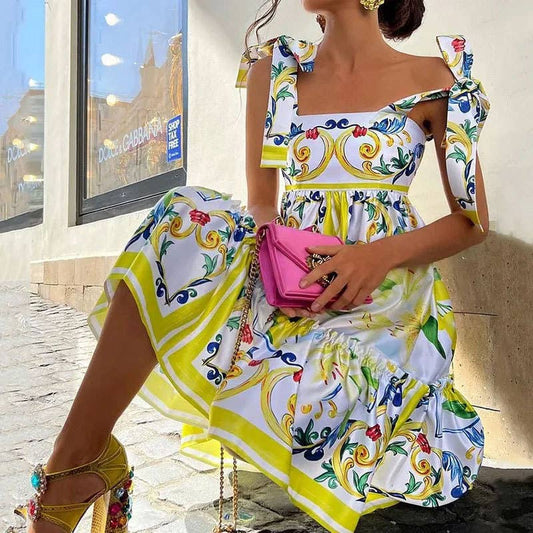 Elegant print sleeveless high-waisted dress