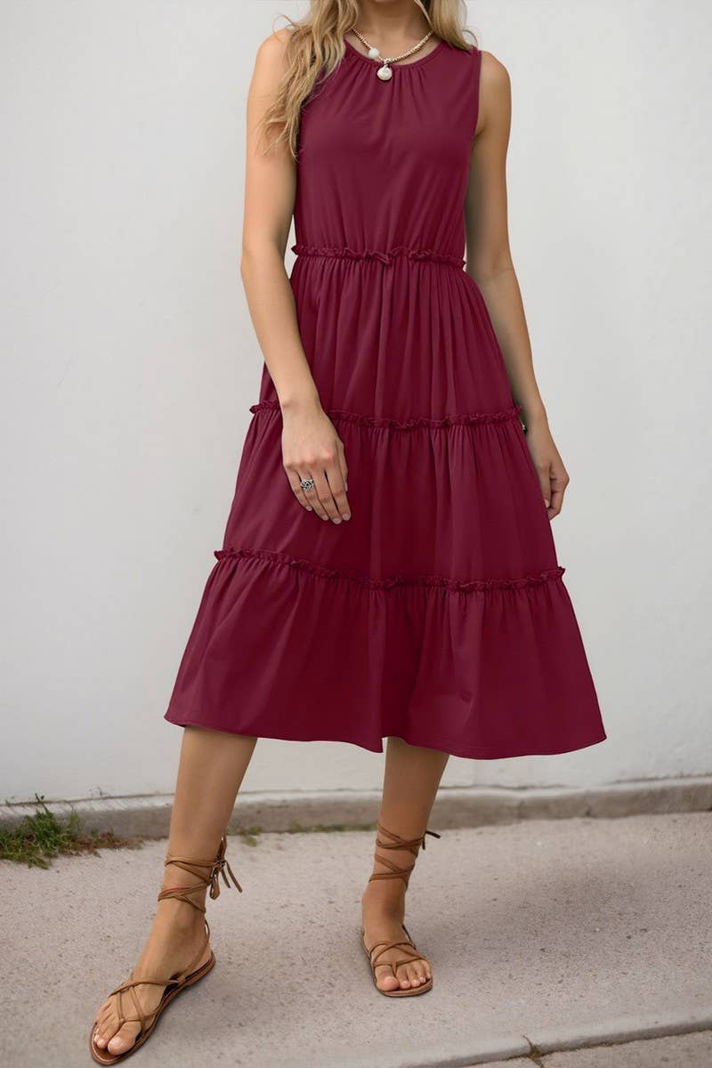 CWDMD5773_SOLID RUFFLED SLEEVELESS PLEATED MIDI DRESS