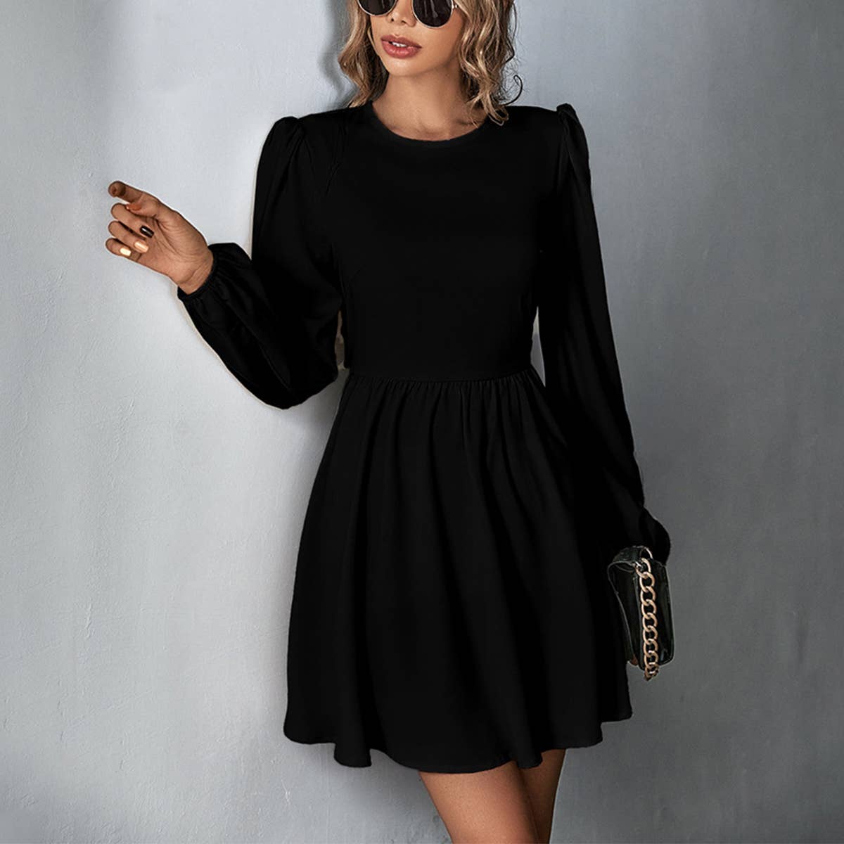 SWEET WAISTED A LINE HALTER LONG SLEEVE DRESS_CWDSD3251