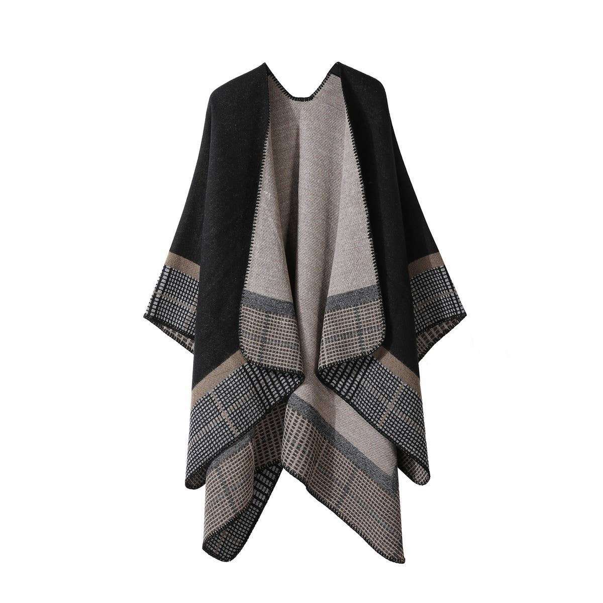 DOUBLE-SIDED PLAID FAUX CASHMERE SHAWL CAPE