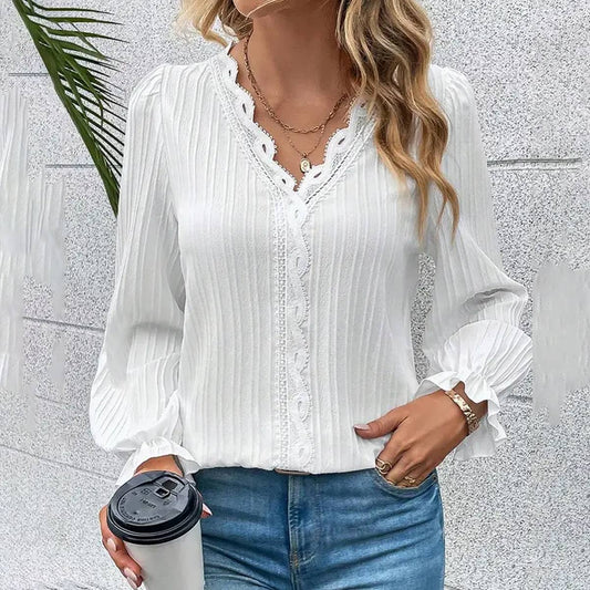 LONG SLEEVE V NECK LACE STITCHING BLOUSE_CWTBLL0595