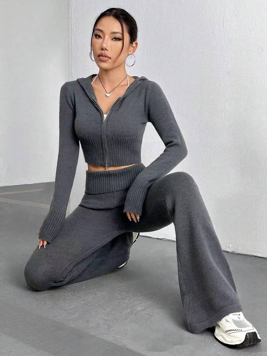 Zipper hooded top,low-waisted flared pants set