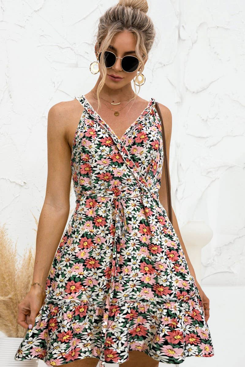 SEXY V NECK HALTER RUFFLED FLORAL DRESS_CWDSD2630