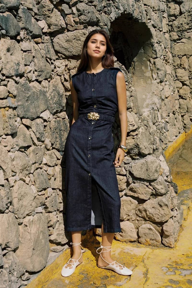 CWDMD6374_LACE-UP FAUX DENIM SINGLE-BREASTED DRESS