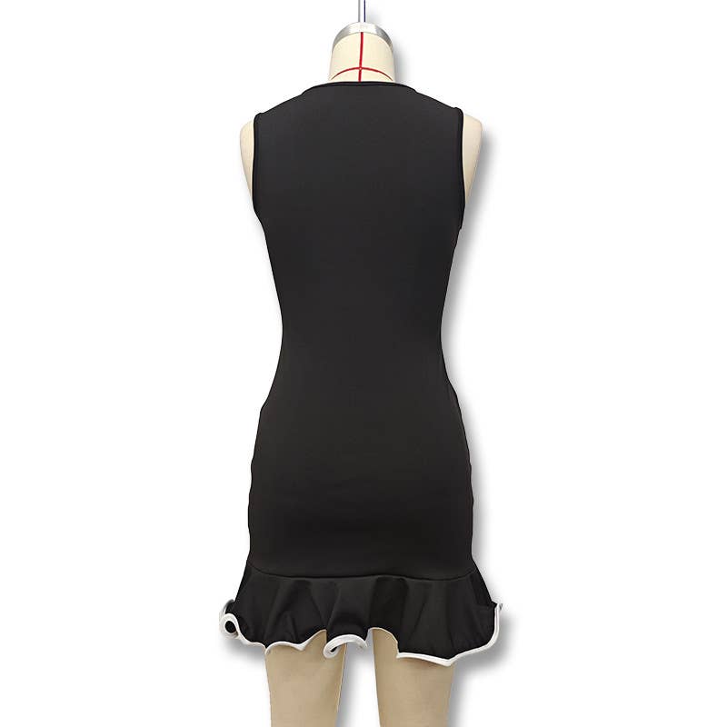 Solid color round-neck lotus leaf rolled-up dress