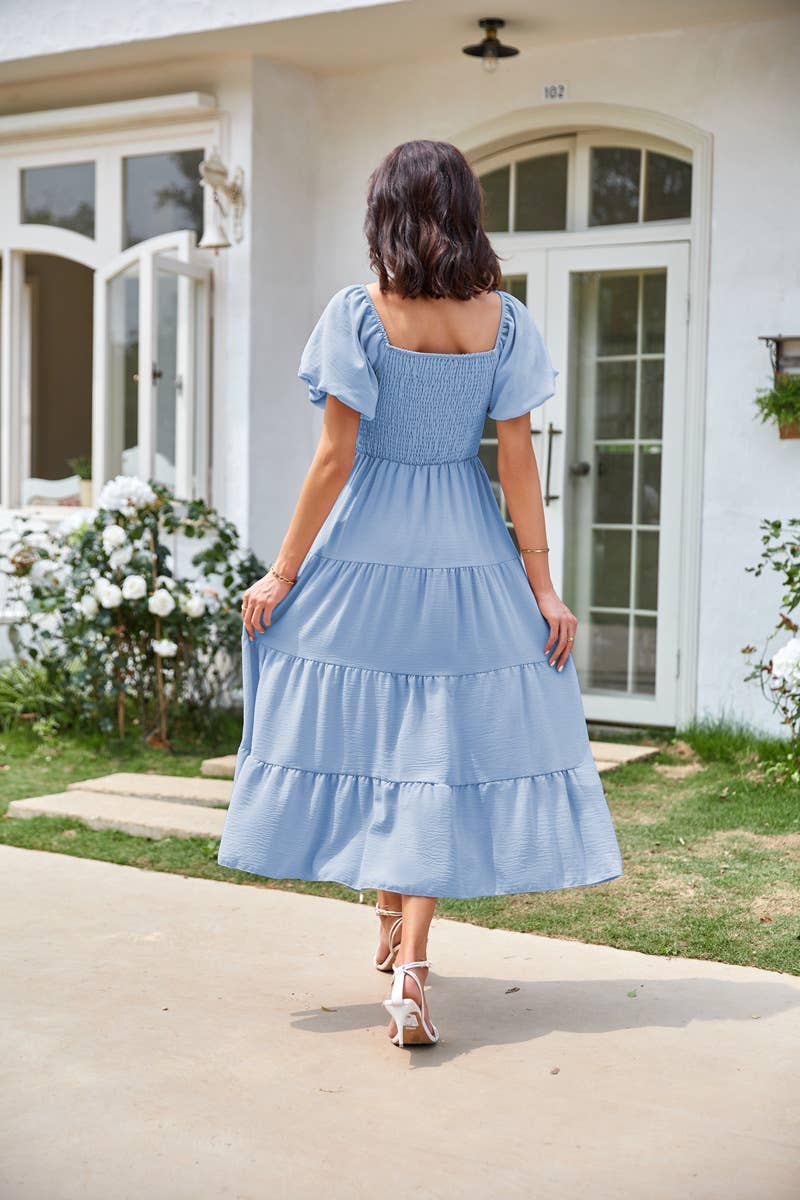 Square neck backless puffy sleeve pleated dress