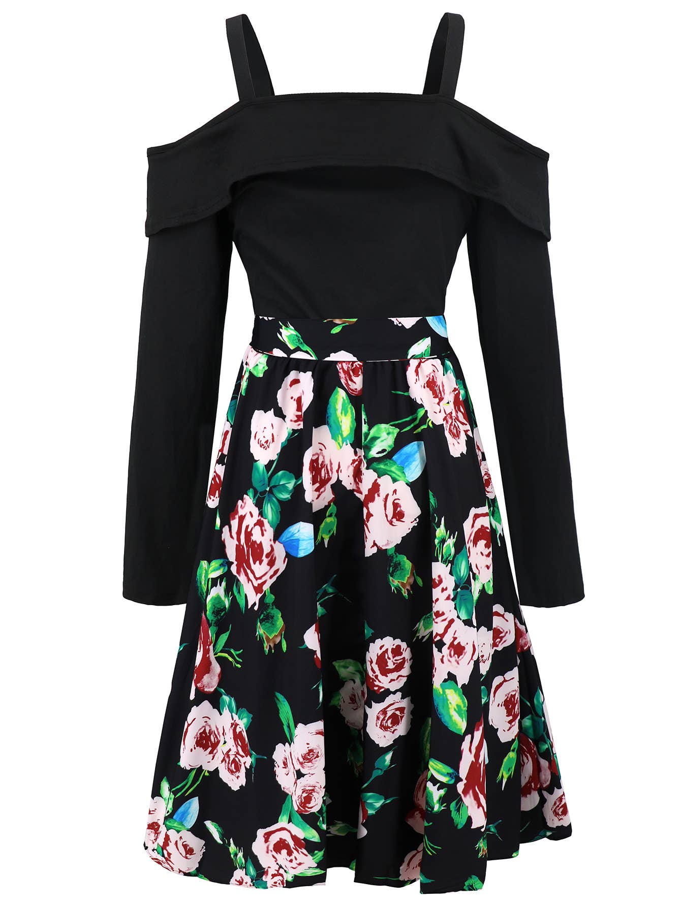 Long-sleeved off-the-shoulder floral dress