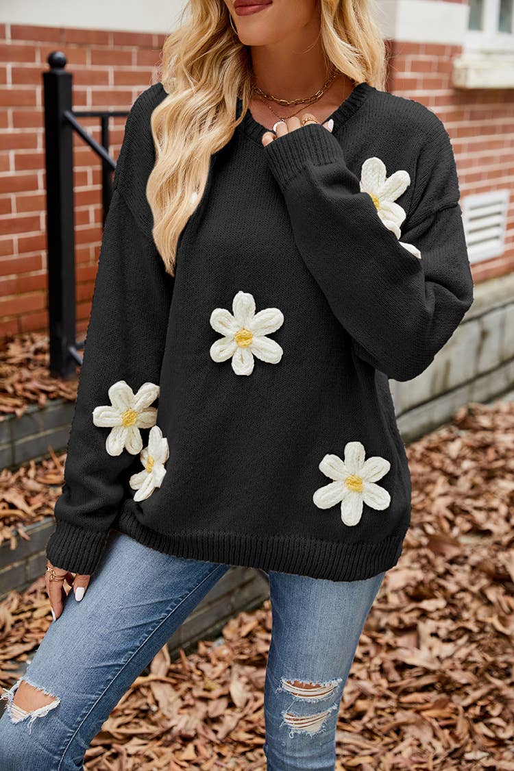 SLOUCHY ROUND NECK FLOWER STEREO CROCHET SWEATER