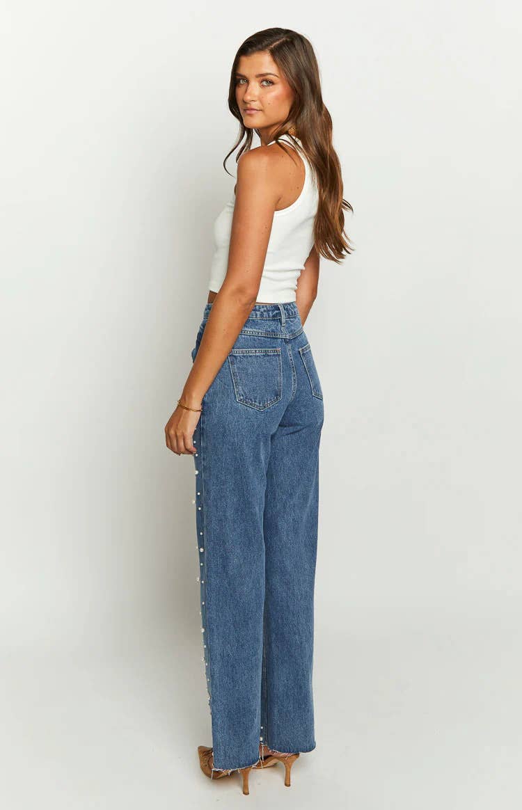 Crossbody retro beaded straight-leg denim trousers