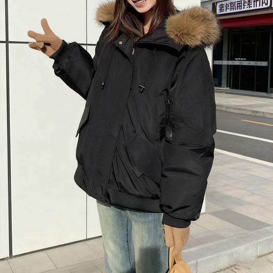 American retro hooded wool-neck coat