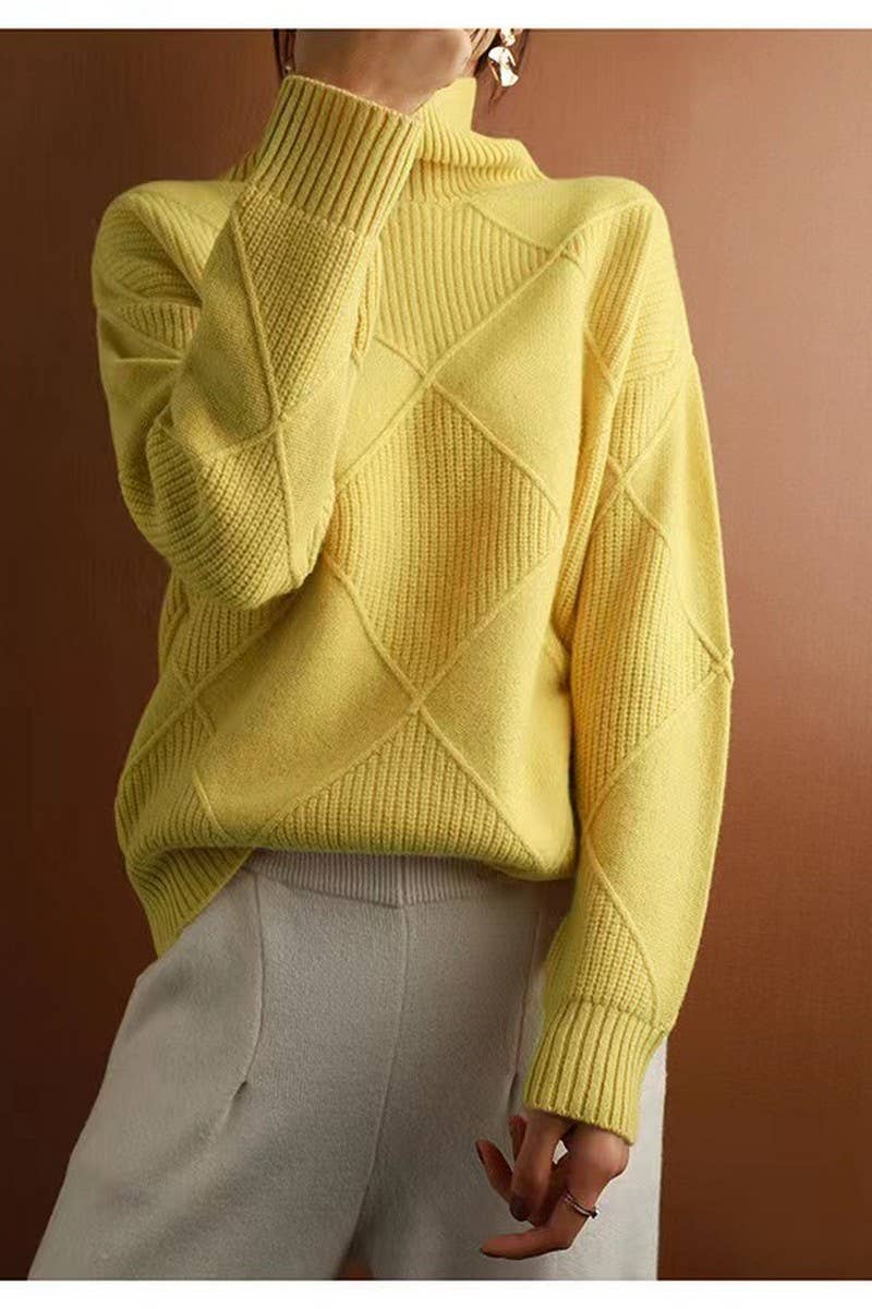 CWOSWL07650_SOLID COLOR HIGH COLLAR DIAMOND CHECK SWEATER