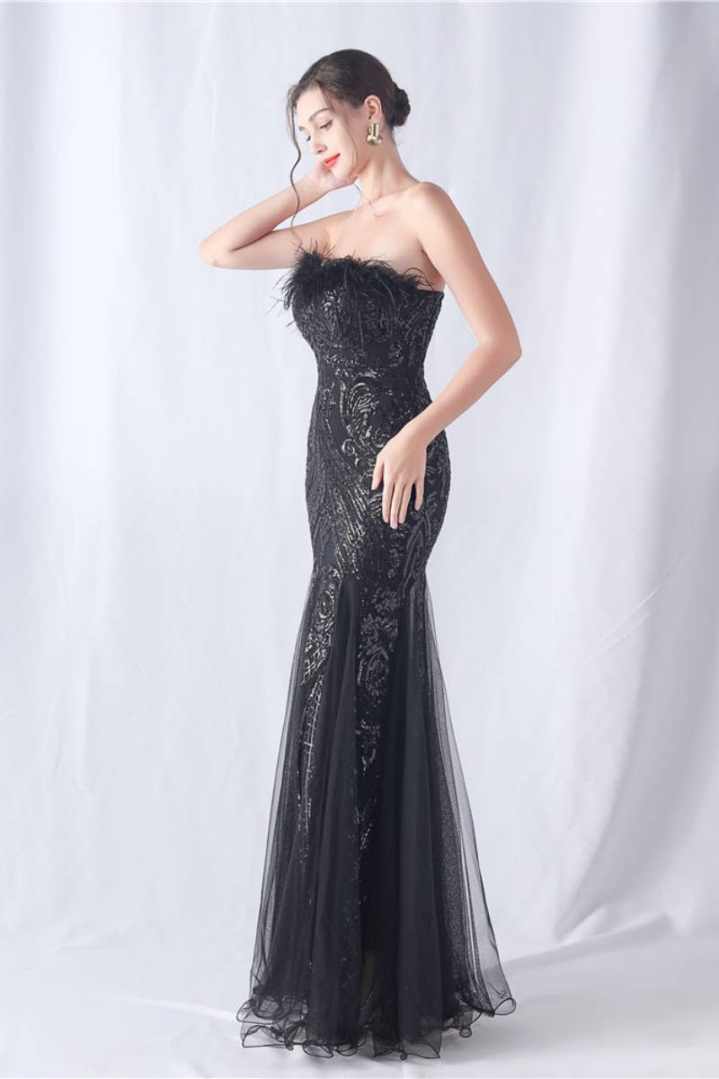 CWDMD3628_FURRY STRAPLESS SEQUIN EVENING DRESS LONG