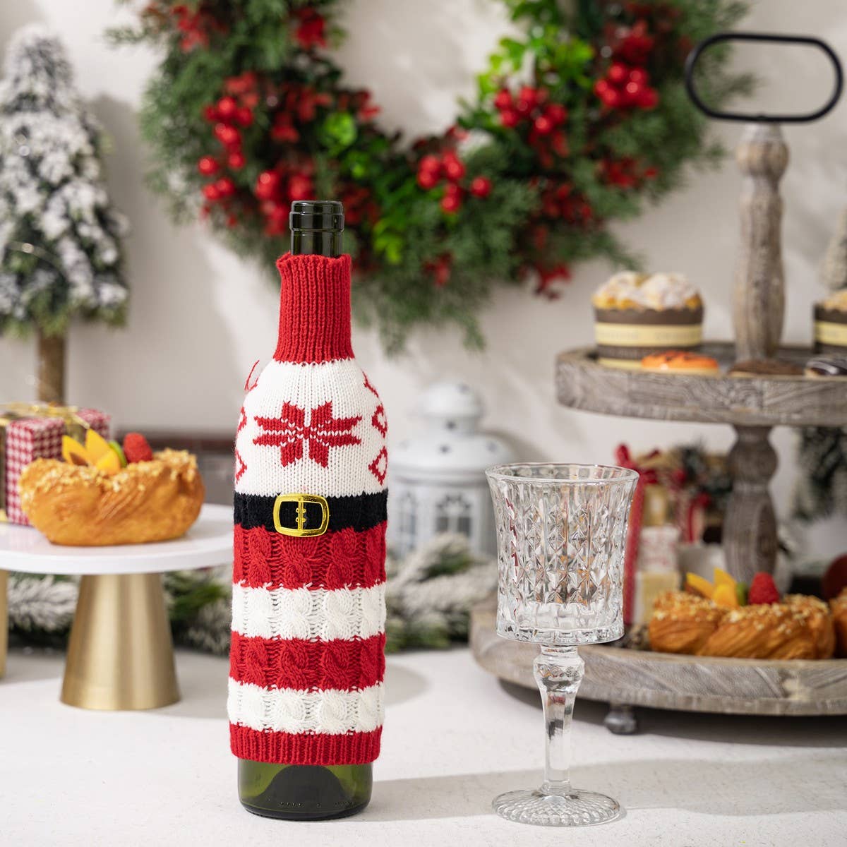 CWMM10337_KNITTED LETTER WINE BOTTLE COVER RED WHITE STRIPES