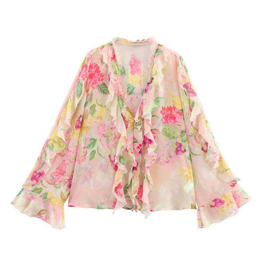 Floral Print Layered Long Sleeve Blouse