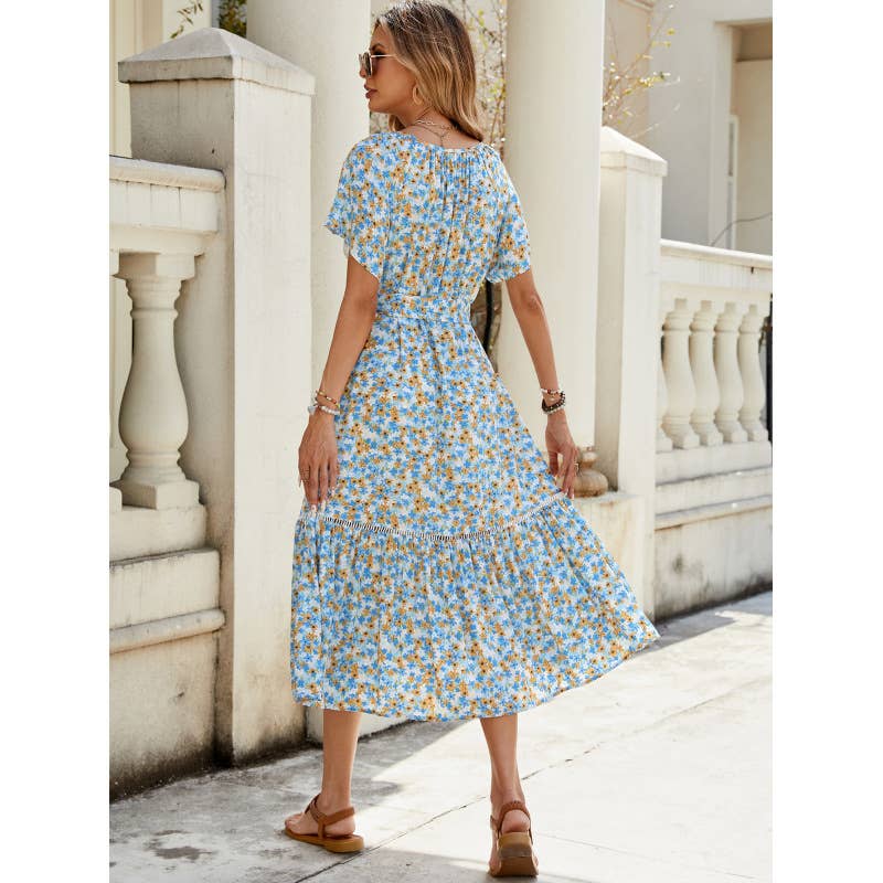Printed rayon lace patchwork ruffled dress