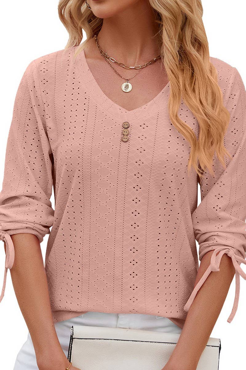 V NECK BUTTON DRAWSTRING T SHIRT_CWTSTS0191