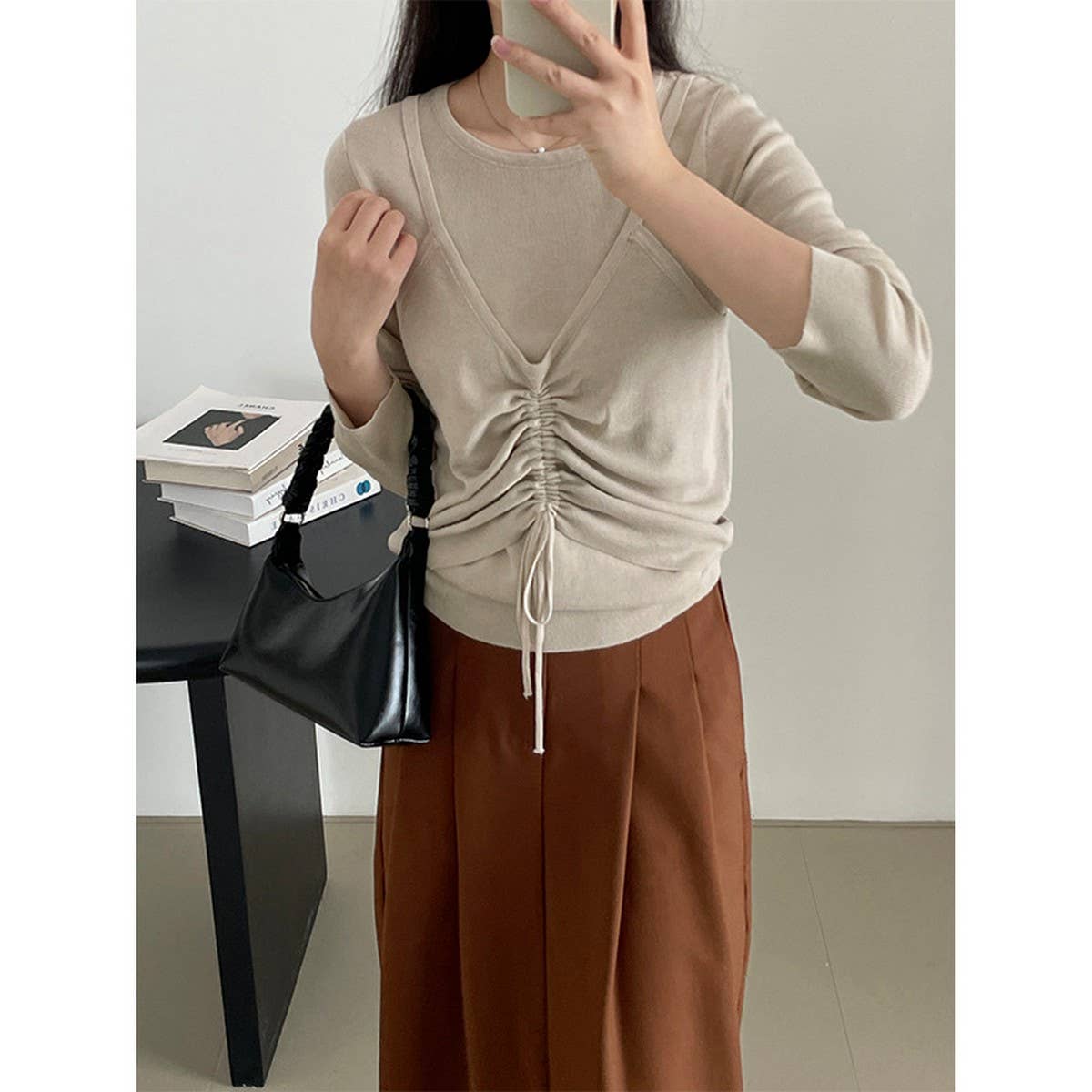 Fake two drawstring slimming knit long-sleeved tops