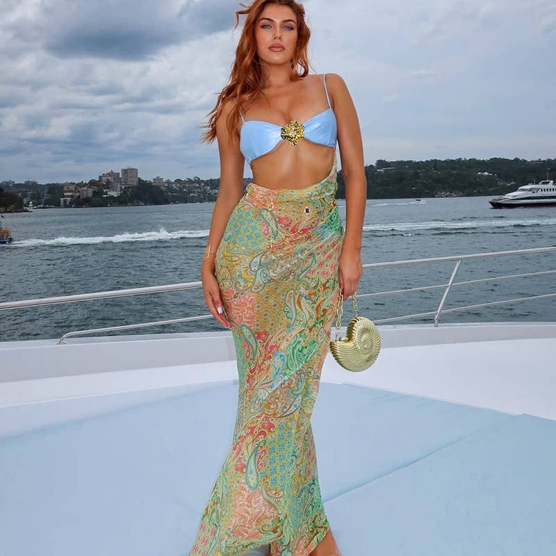 Sexy Print Splice Maxi Dress with Open Back