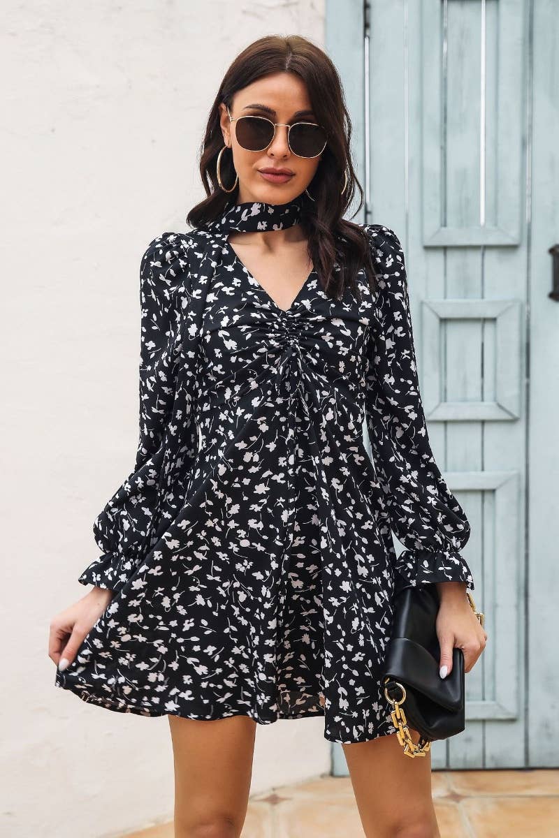 CWDSD6434_DRAWSTRING V-NECK DRESS WITH FLARED SLEEVES SHORT