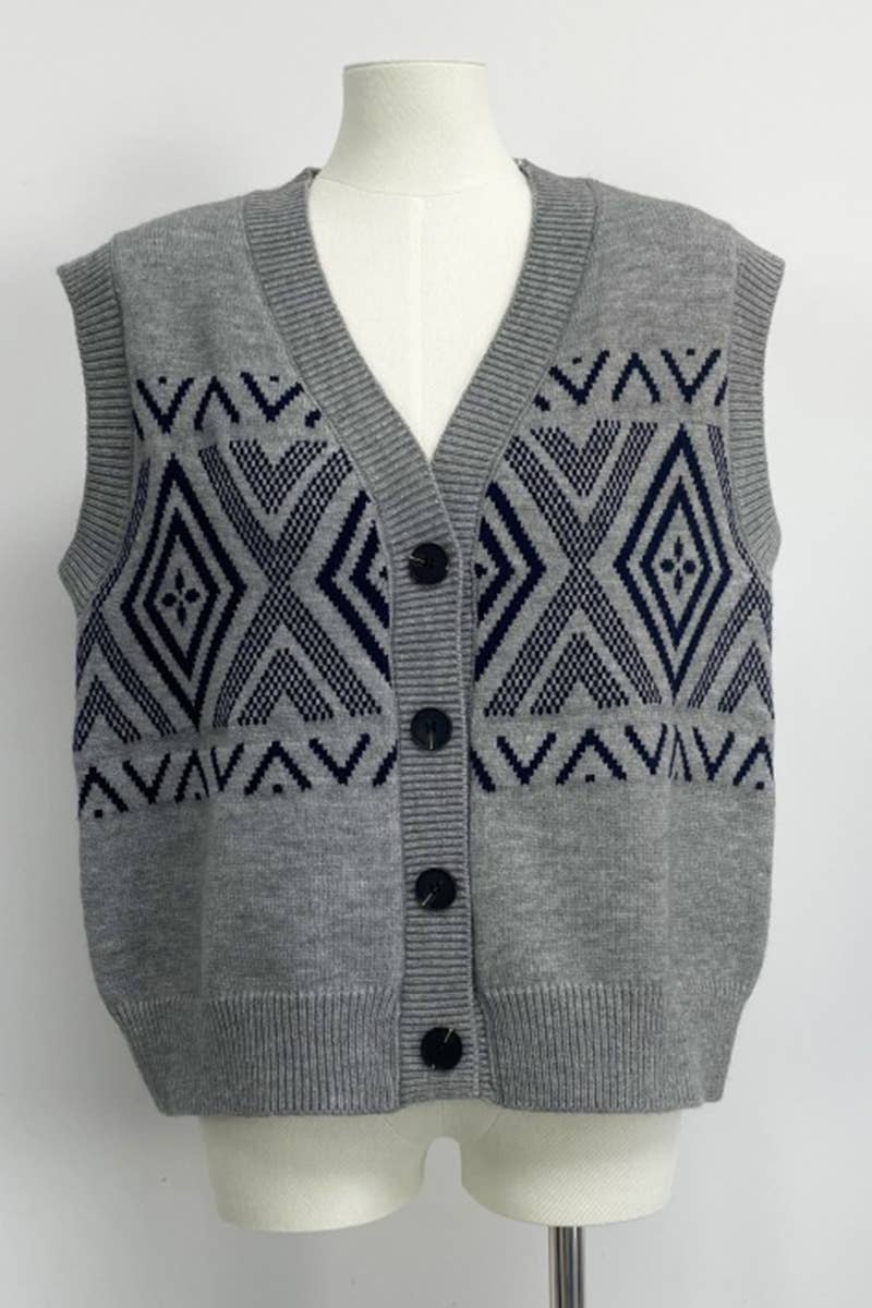 V-NECK COLOR MATCHING EMBROIDERY CARDIGAN VEST