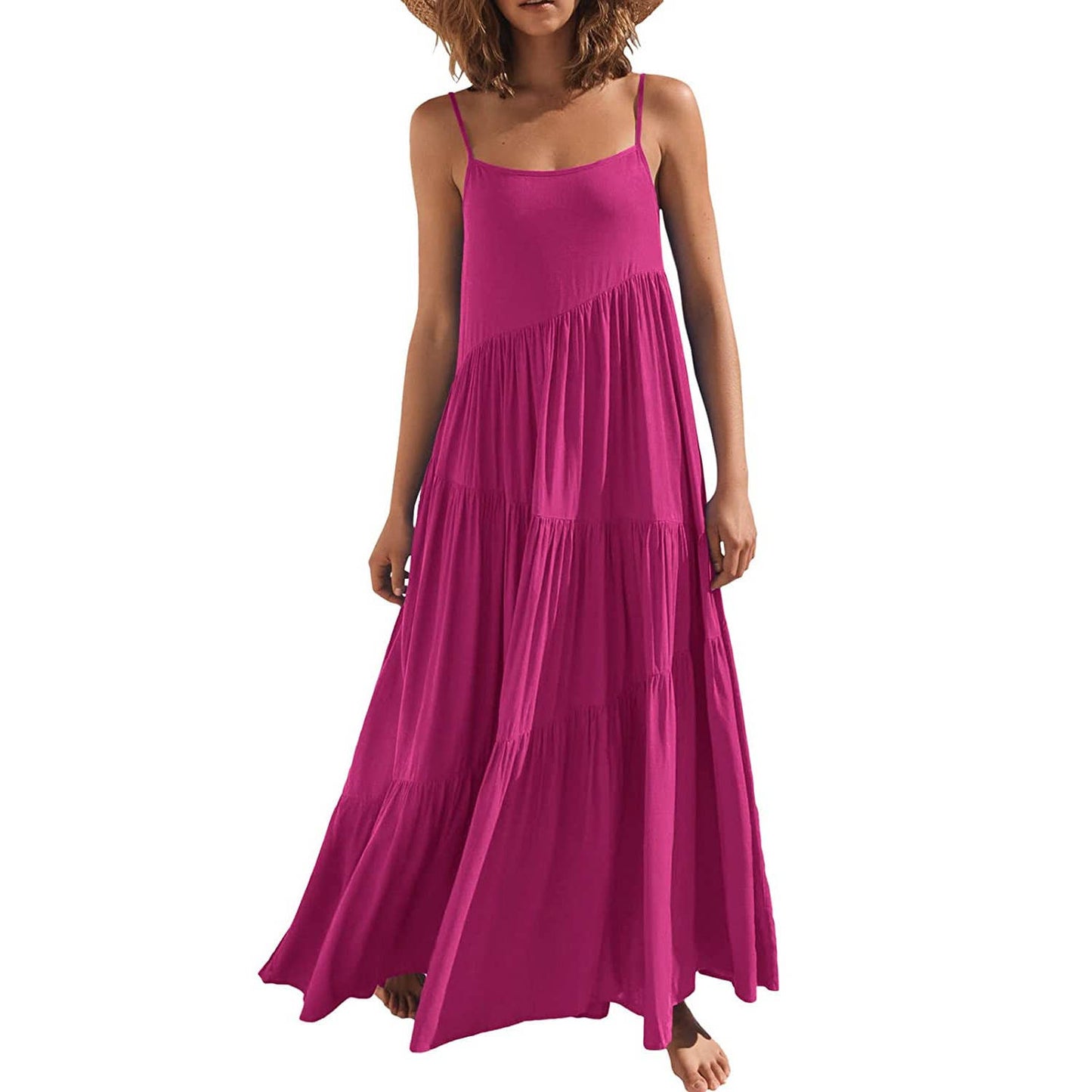 Pleated loose solid-color long beach halter dress