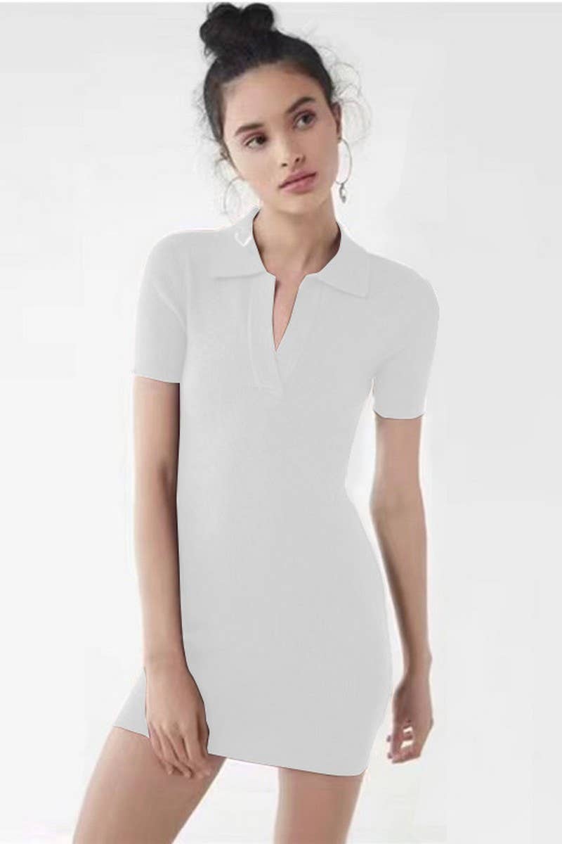 CWDSD7459_RIBBED DEEP V LAPEL SHORT SLEEVE BODYCON DRESS