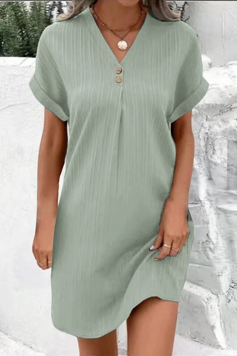 CWDSD6539_V-NECK SOLID COLOR PULLOVER CASUAL BUTTON DRESS