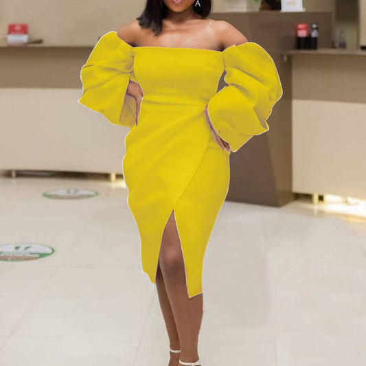 TEMPERAMENT SOLID COLOR OFFSHOULDER PLUSSIZE DRESS