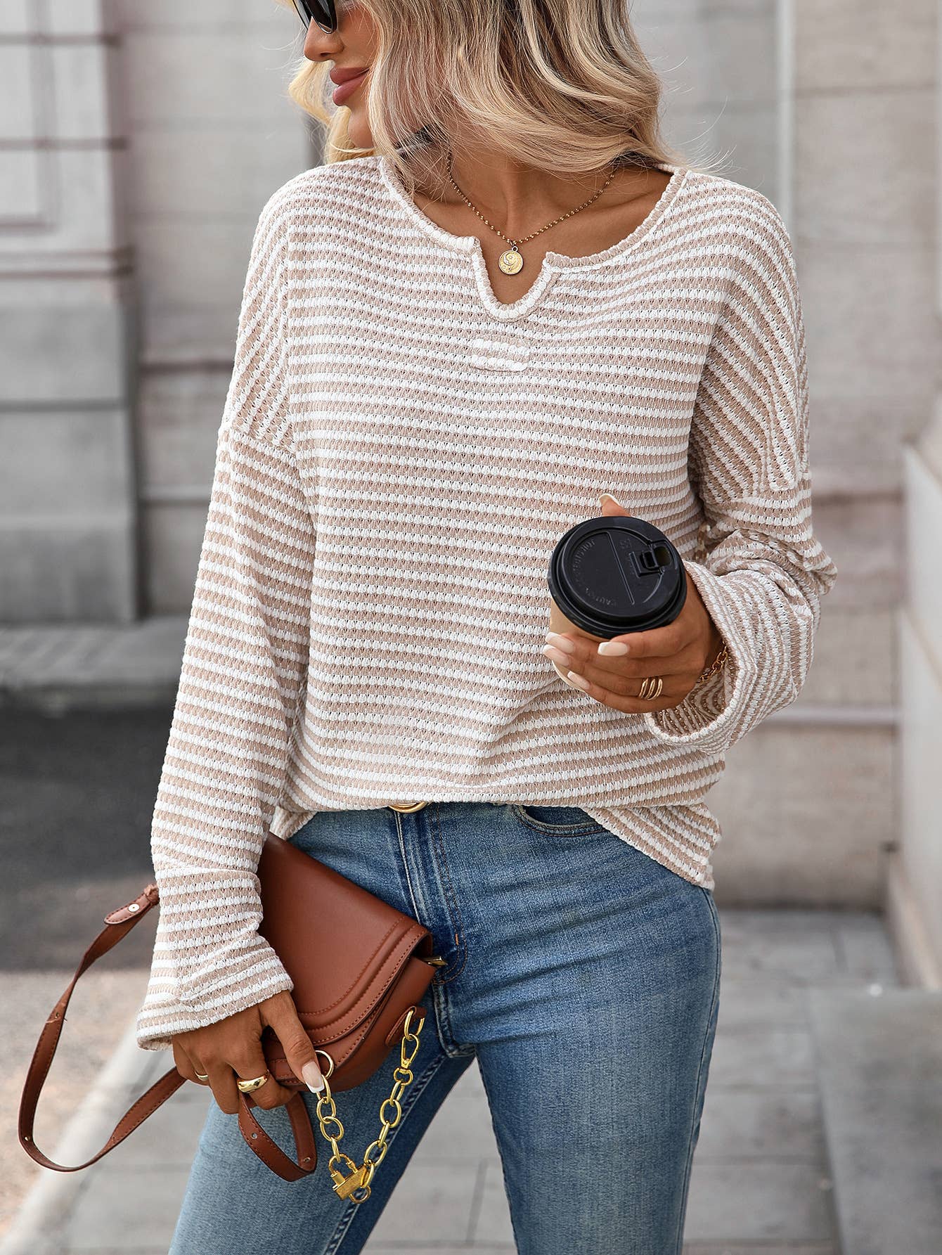 Waffle round-neck solid-color knitted T-shirt