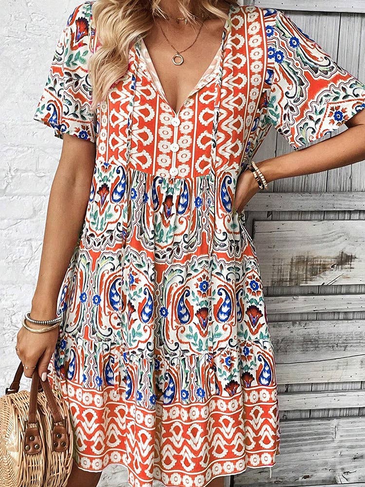 Stylish loose boho print mid-length dress