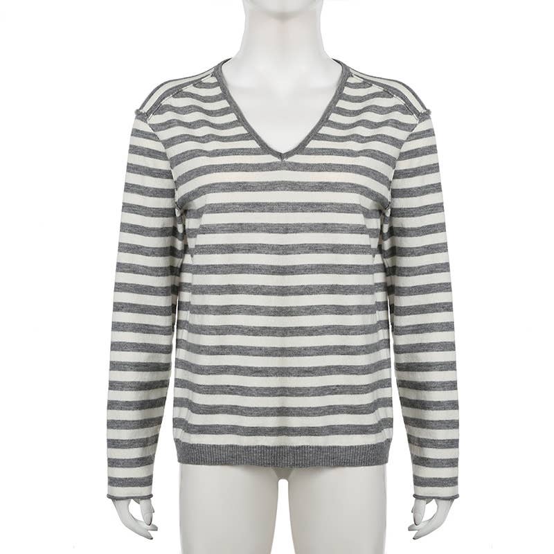 SIMPLE SLOUCHY STRIPED V-NECK SWEATER FOR GIRLS