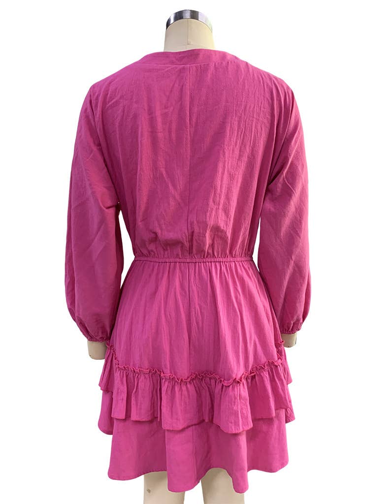 LONG SLEEVE SOLID COLOR COTTON LINEN DRESS