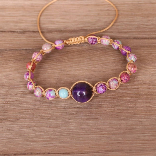 PURPLE TIGER STONE TURQUOISE BEAD BRAIDED BRACELET_CWAJE3952