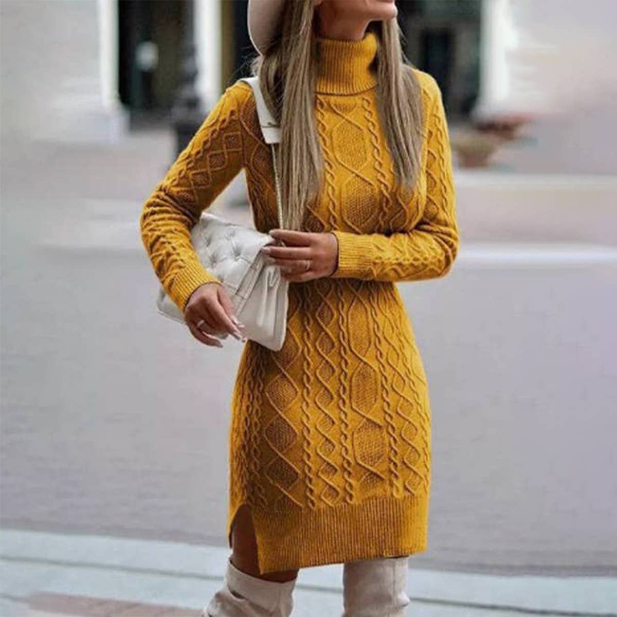 LONG-SLEEVED PULLOVER SWEATER DRESS WITH LAPEL