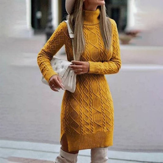 LONG-SLEEVED PULLOVER SWEATER DRESS WITH LAPEL
