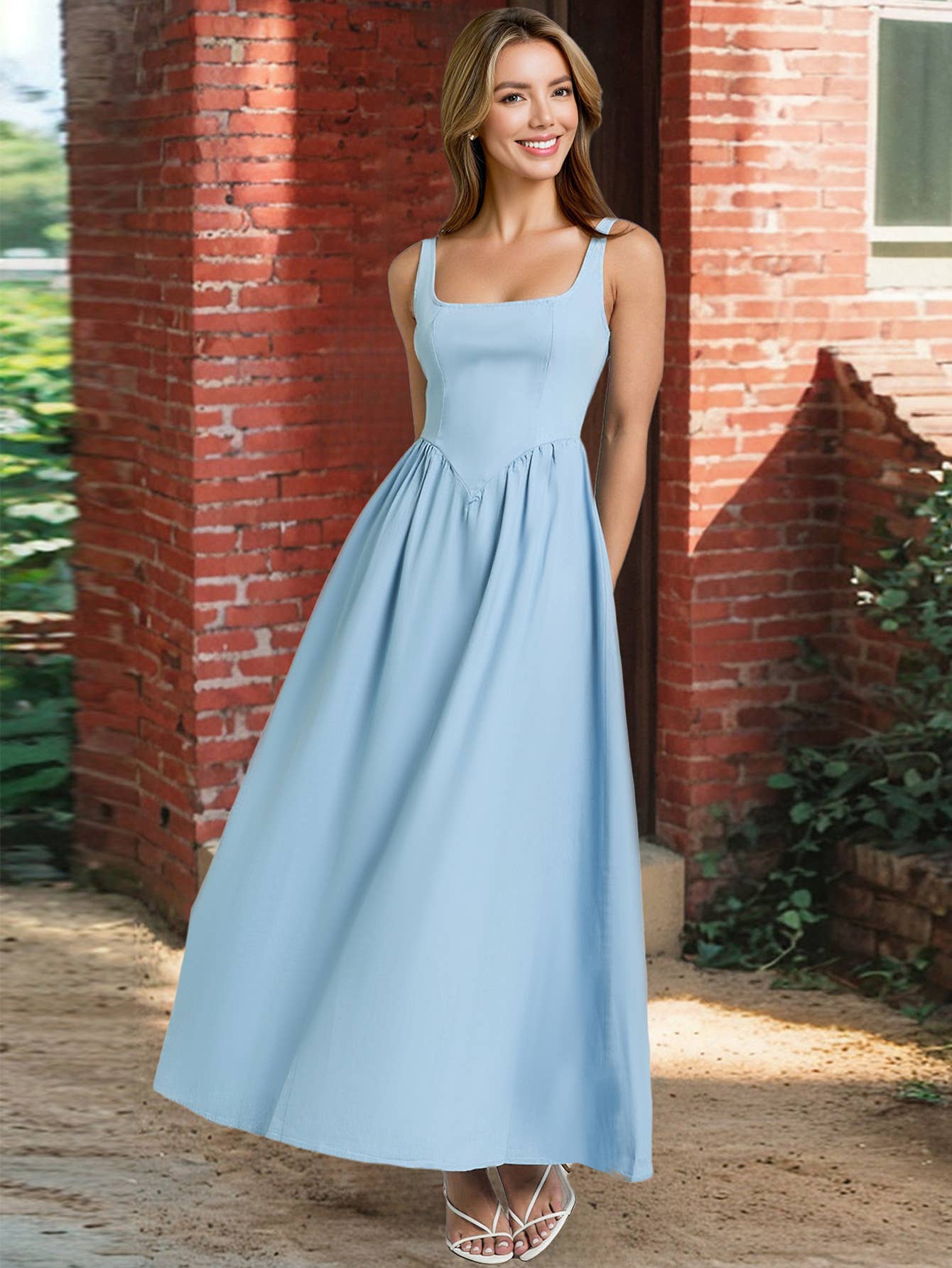 Solid-color elegant square-neck halter dress