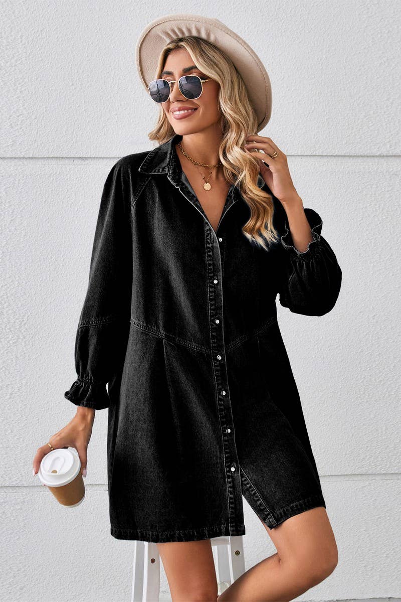 CWDSD10891_WASHED LONG-SLEEVED PANELED DENIM DRESS