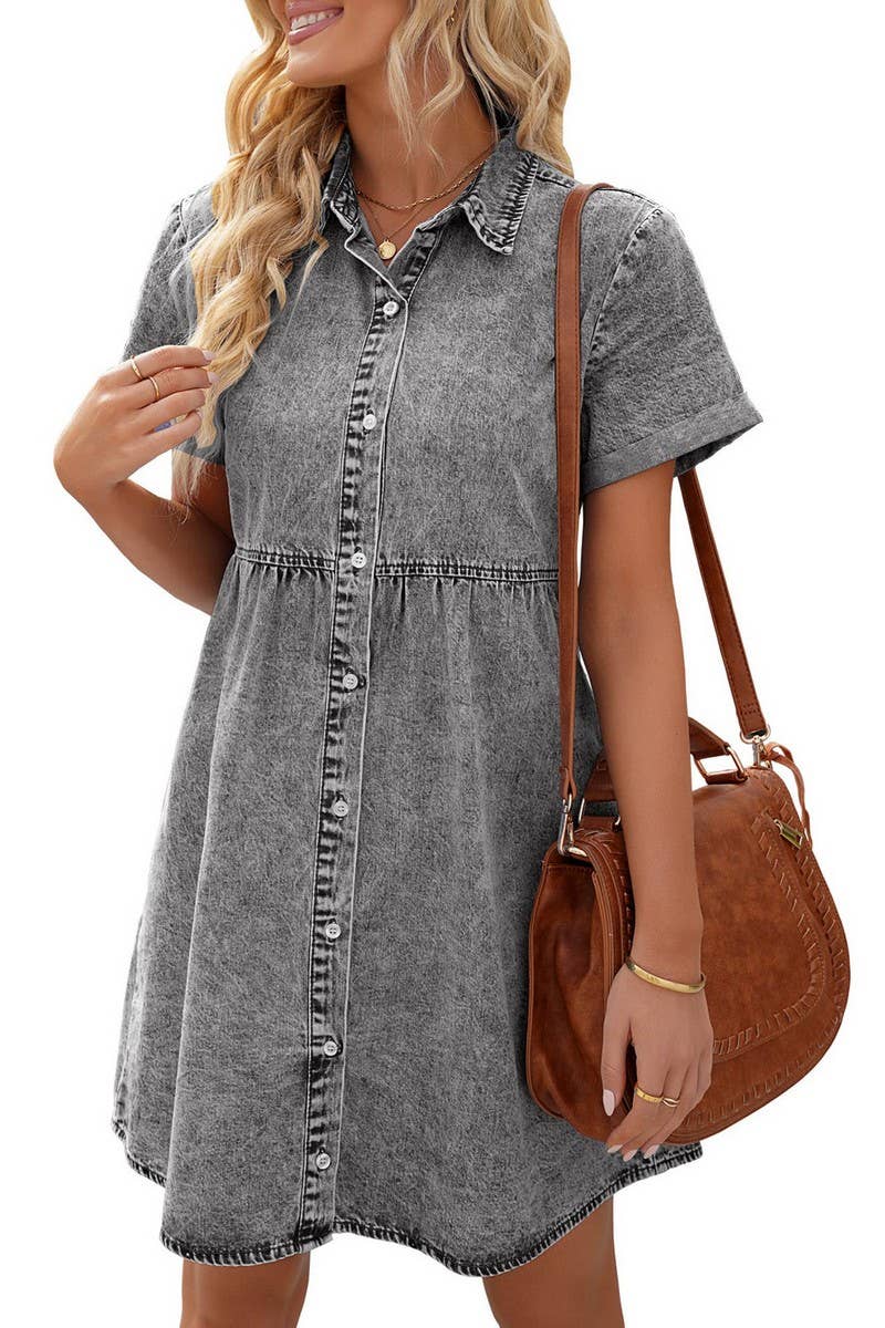 CWDSD5998_DENIM CASUAL SHORT-SLEEVED MIDI DRESS