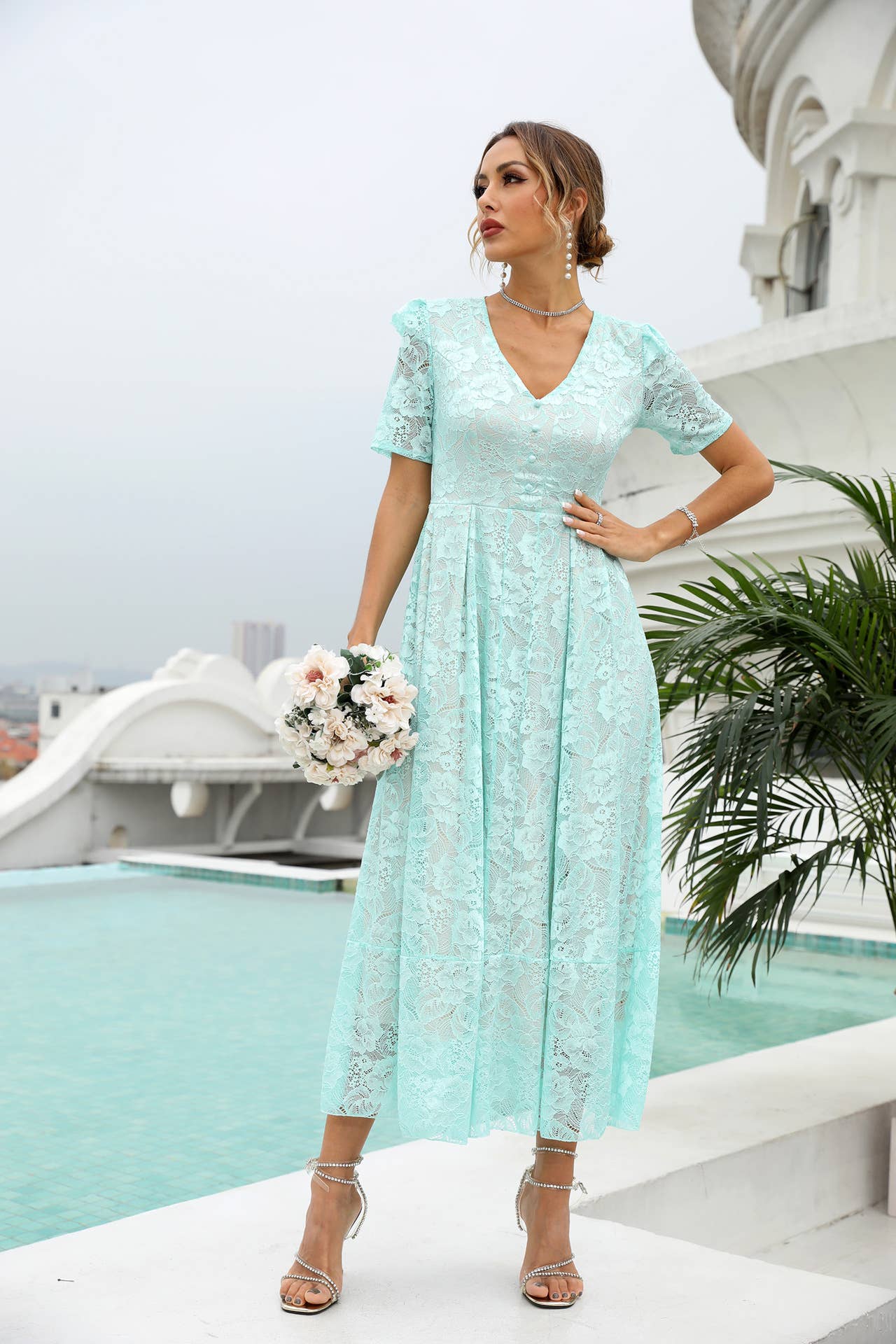 LACE COMMUTER HIGH-WAISTED V-NECK DRESS