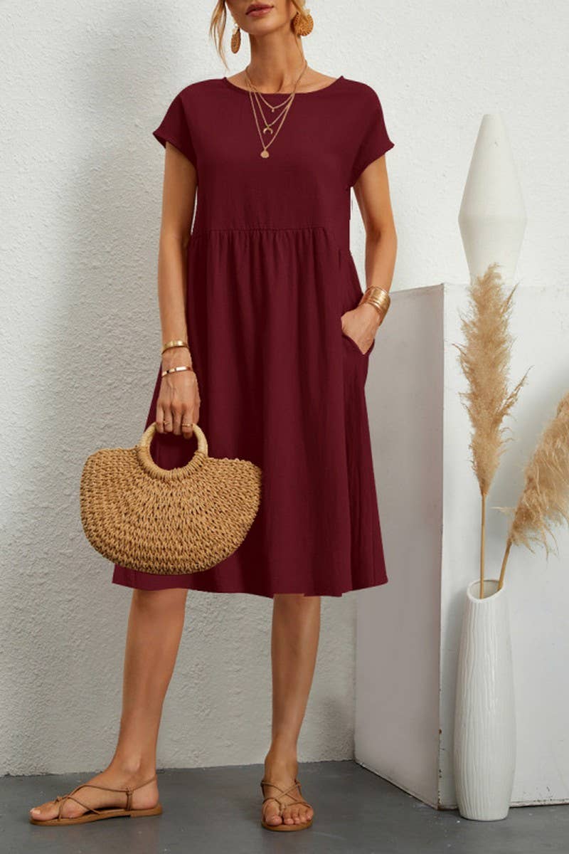 CWDSD10613_SUMMER TEMPERAMENT ROUND NECK A-LINE DRESS