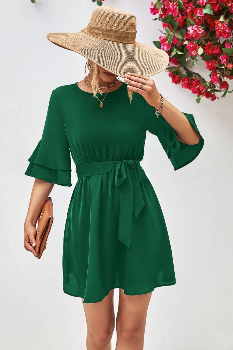 FLARED LOTUS LEAF SLEEVE SOLID COLOR DRESS_CWDSD2639
